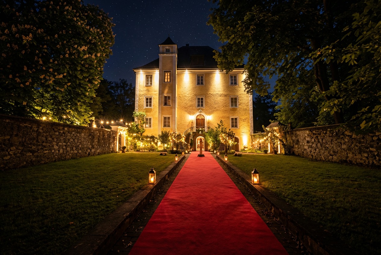 Schloss Wiespach bei Nacht — illuminierte Fassade, roter Teppich, Laternen